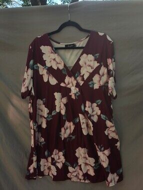 Floral Burgundy Wrap-Style V-Neck Tunic